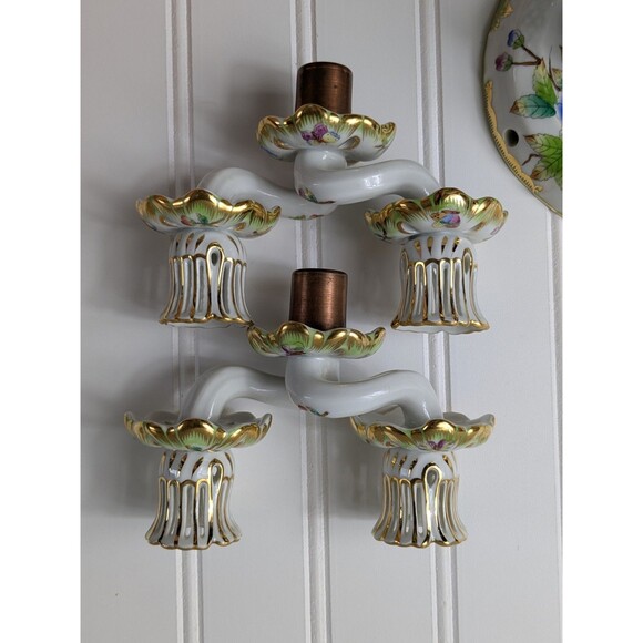 Herend Queen Victoria Green Border Double Candlesticks Set of 2 - Picture 9 of 16